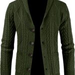 Men's Casual Long Sleeve Shawl Collar Buttons Down Cable Knit Cardigan Sweater with Pockets