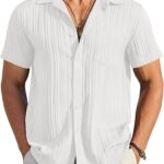 Men's Casual Button Down Shirts Short Sleeve Textured Summer Beach Shirt with Pocket