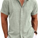 Men's Linen Shirts Short Sleeve Casual Shirts Button Down Shirt for Men Beach Summer Wedding Shirt